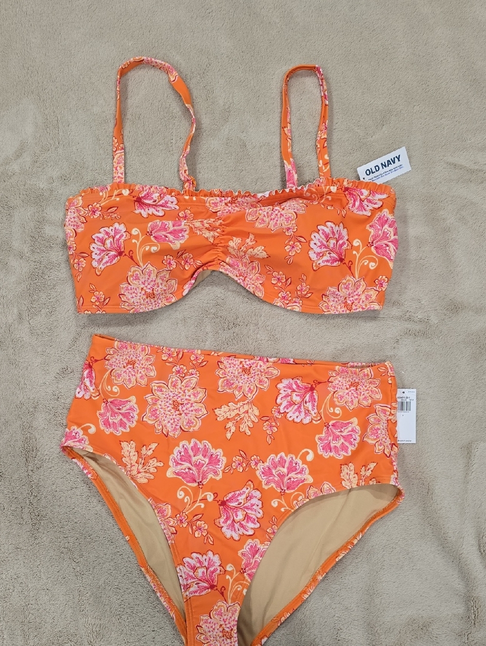 Womens Old Navy Orange Floral Two-Piece Bikini Set with Pink Accents